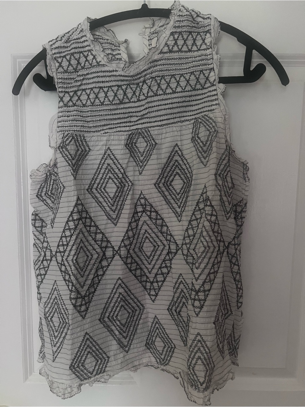 Anthropologie Cream & Black Embroidered Diamond Tank